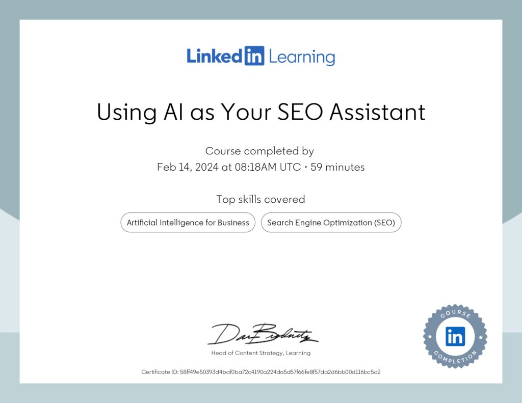 Certification in Using AI as Your SEO Assistant by Dave Birss