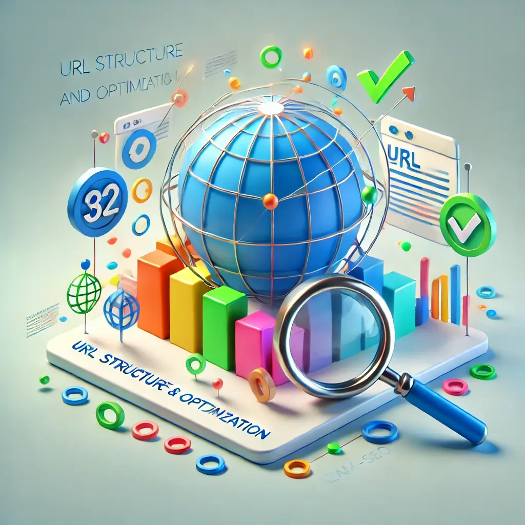 Visual representation of URL structure and optimization with a globe, charts, and magnifying glass